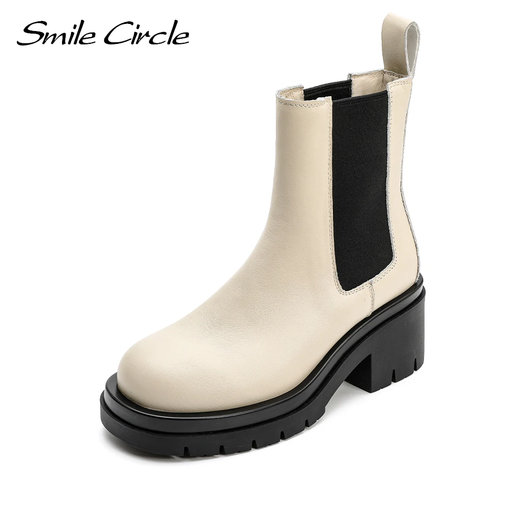 

Smile Circle Slip-On Ankle Boots women Cow Leather Chelsea Boots Casual platform High heels Short Boots Ladies Shoes 2021