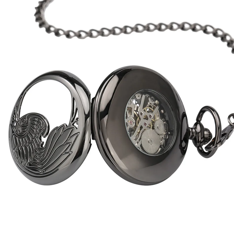 

Antique Black Wing Half Hunter Mechanical Pocket Watch Blue Roman Numerals Display Pendant Hand-winding Clock with Chain