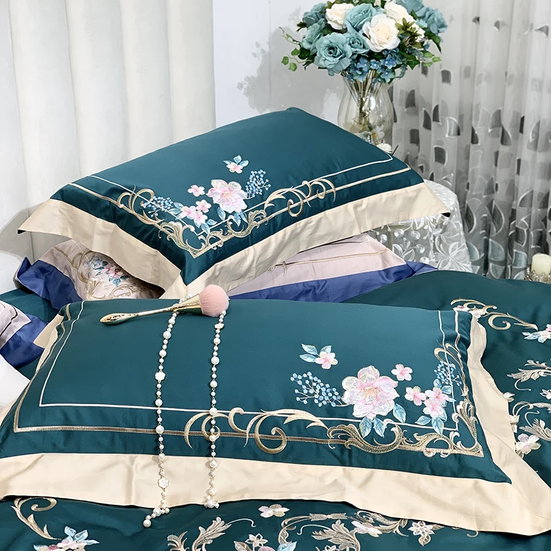 

Luxury Green 100S Satin Egyptian Cotton Bedding Set Blooming Flowers Embroidery Duvet Cover Bed Linen Fitted Sheet Pillowcases