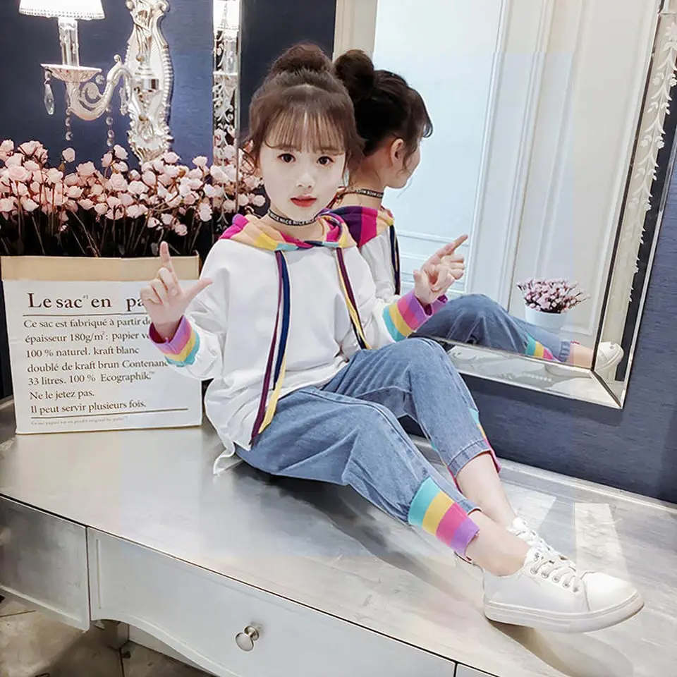 

2020 Winter Autumn Kids Girl Clothing Set Rainbow Tracksuit Hoodie Sweatshirt + Jeans Pants 2Pcs Teenager 6 7 8 9 10 11 12 Year