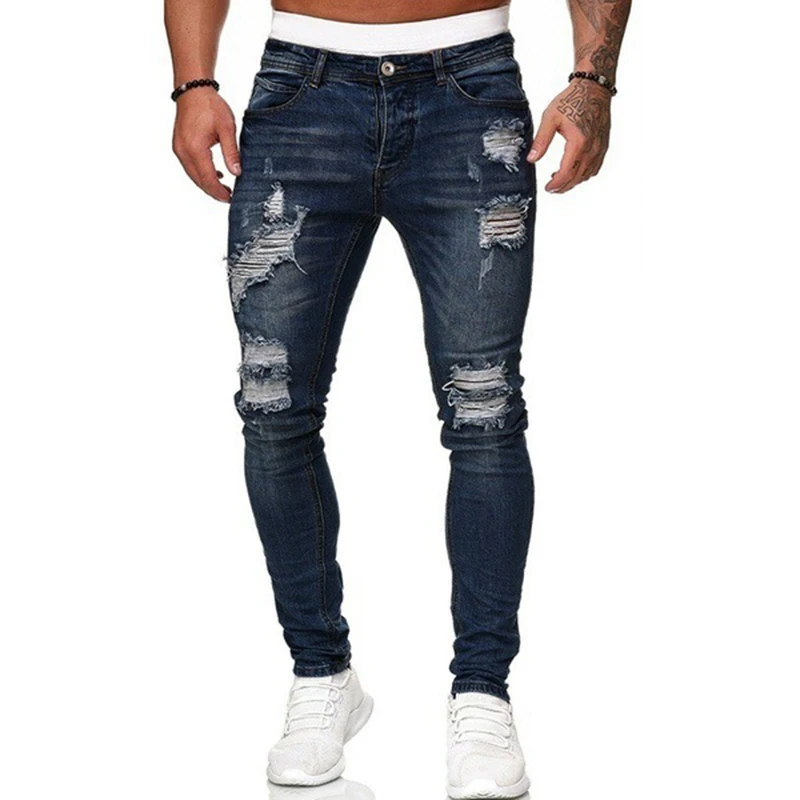 

2021 Men's Jeans Cool Ripped Skinny Trousers Stretch Slim Denim Pants Large Size Hip Hop Black Blue Casual Jogging Jeans for Men