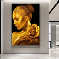 golden skin woman with rose canvas paintings on the wall art posters and prints gold jewellery wall pictures for living room