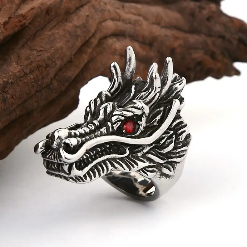 

Dragon Head Shape Red Crystal Inlaid Ring Men's Ring New Fashion Metal Retro Animal Ring Accessory Party Jewelry Size 8-11