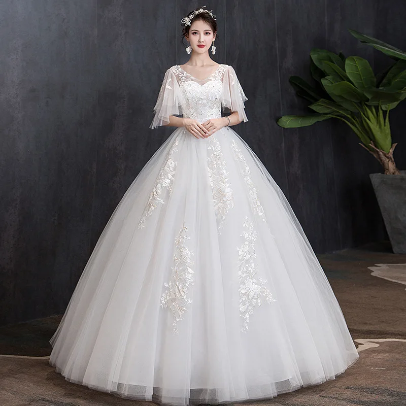 

New Arrive V Neck Short Sleeves Wedding Dresses Floor Length Organza Appliques Customer Sizes Ball Gown Vestido De Noiva