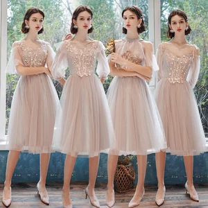 Bridesmaids Dresses Luxury Short A-Line Knee-Length Halter Off The Shoulder Embroidery Lace Tulle Women Wedding Party Gown E128 Bridesmaids Dresses Luxury Short A-Line Knee-Length Halter Off The Shoulder Embroidery Lace Tulle Women Wedding Party Gown E128