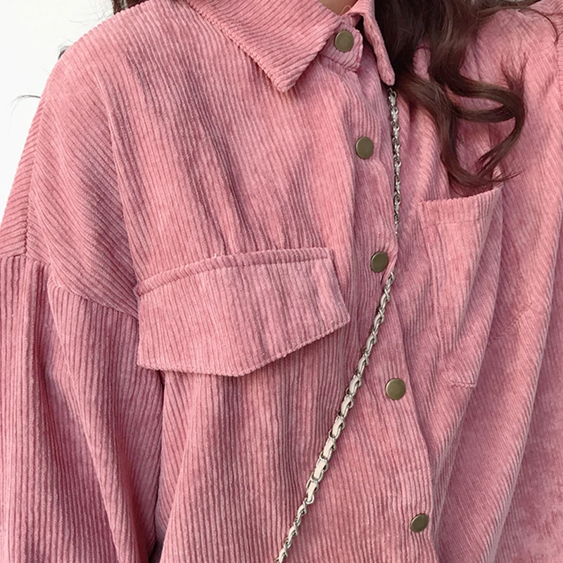 Женская Вельветовая куртка однотонная винтажная с отложным воротником длинным