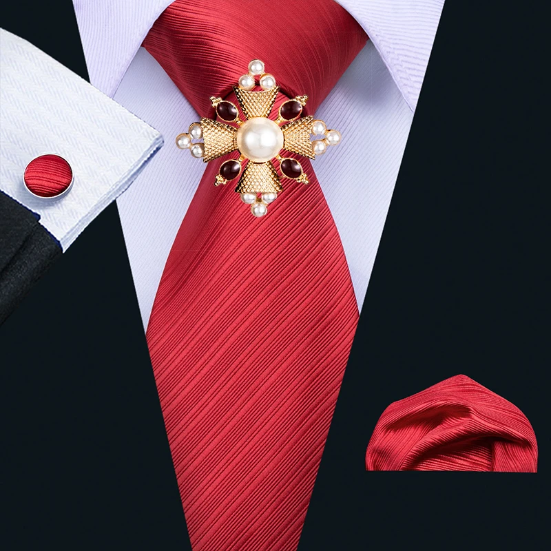 

Men Tie With Handkerchiefs Cufflinks Brooch Sets Neckties and Hanky Set For Men Casual Red Solid Ties For Wedding Party Groom