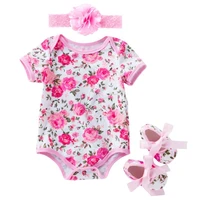 3pcs newborn toddler baby girls clothes flower rompers short sleeve jumpsuit headband shoes 0 18m crawling outfits clothing