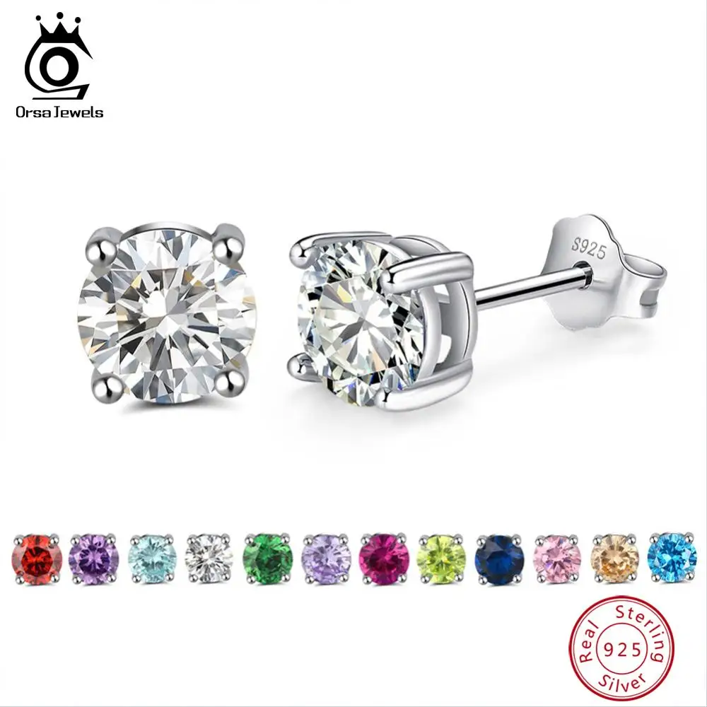 ORSA JEWELS 925 пробы серебряные серьги с камнем рождения для женщин AAA кубический циркон 14 цветов серьги-гвоздики ювелирные изделия из серебра OSE84