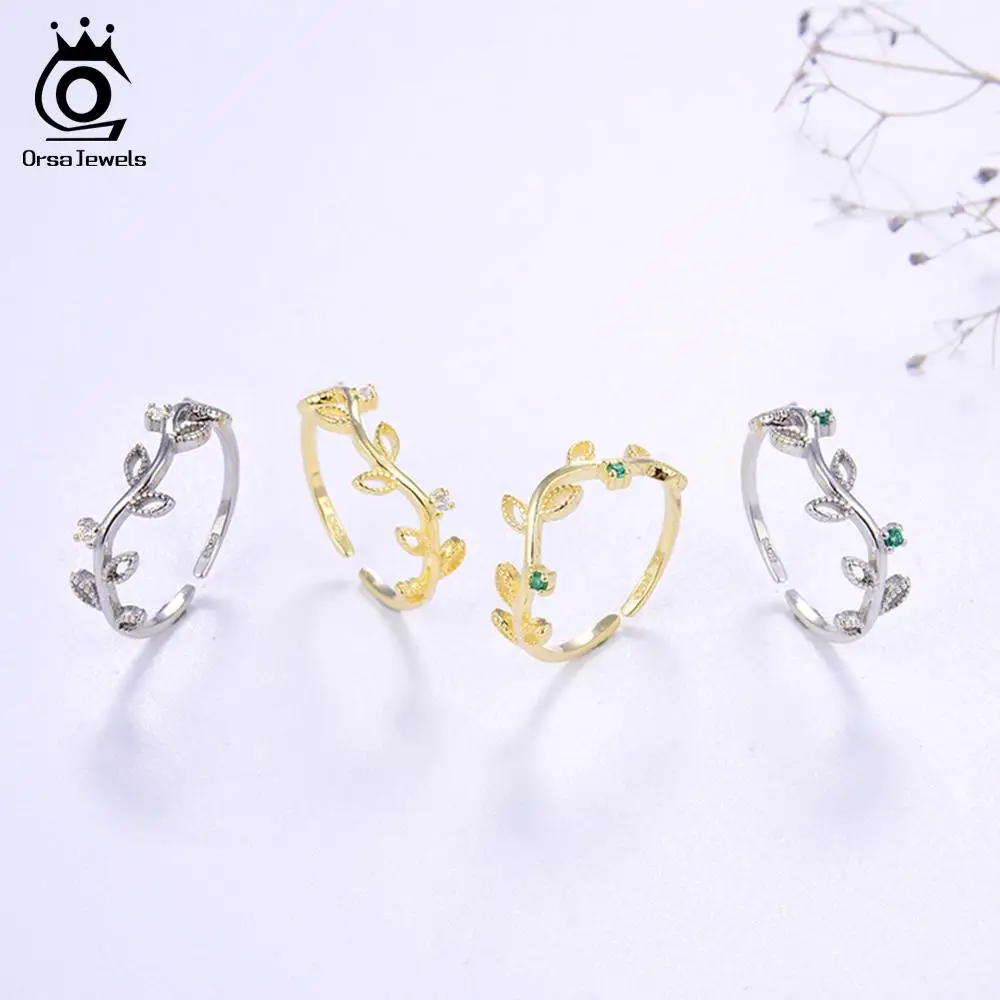 ORSA JEWELS Настоящее серебро 925 регулируемые кольца Для женщин Лист Форма 4 стиль по желанию Зеленая прозрачная AAAA фианит несколько колец ювелирные изделия SR143