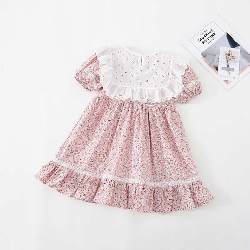 

MILANCEL 2021 Summer Girls Dress Korean Short Sleeve Floral Lace Collar Princess Dress