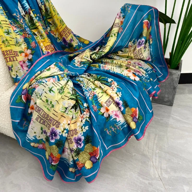 

2021 New Summer Women Fashion Multi Nature Scenery Print Tiered Blue A-line Ankle-length Skirts High Quality Silk