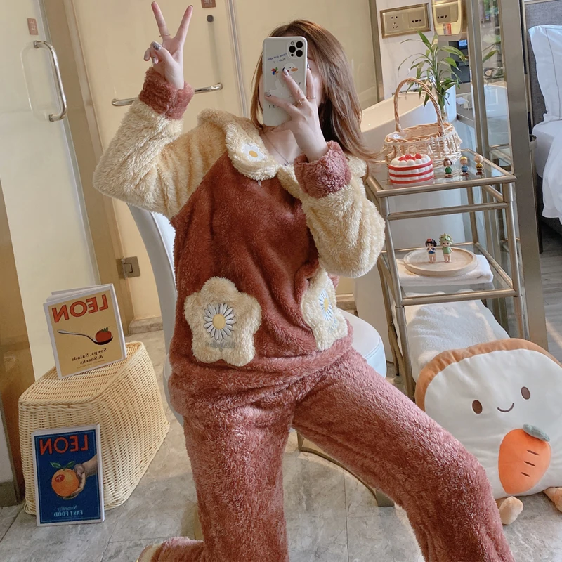 

Winter Thick Warm Flannel Pajamas Sets For Women Sleepwear Home Clothing Pajama Home Wear Pyjamas Set Warm Nightwear
