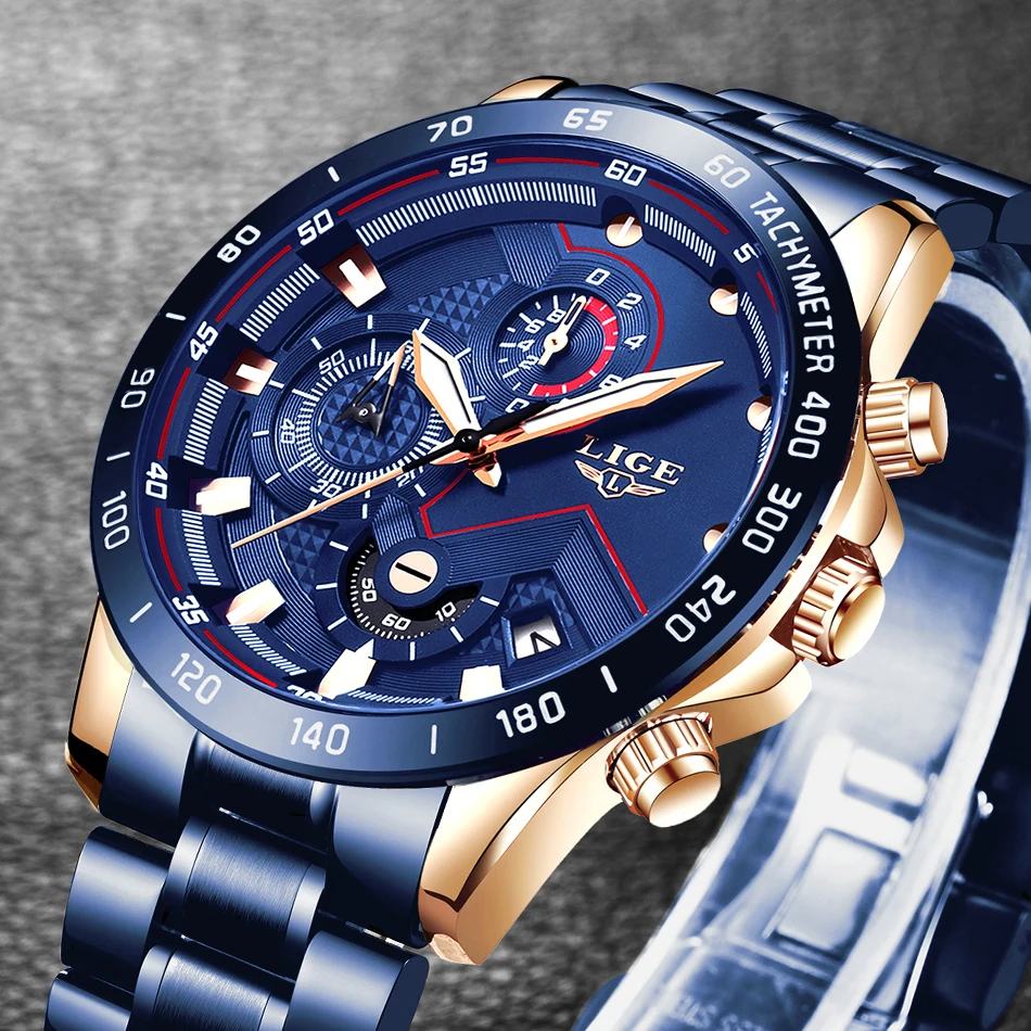

LIGE New Men Watch Luxury Brand Blue Stainless steel Wrist Watch Men Chronograph Army Military Quartz Watches Relogio Masculino