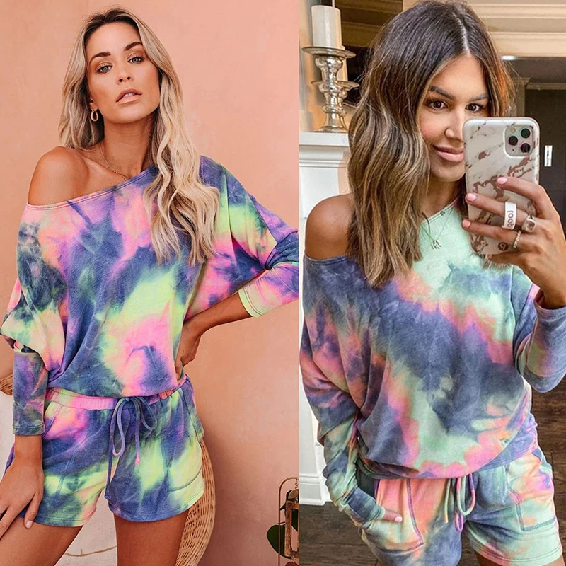 

Women's Nightwear Sets Women Fashion Dye Print Homewear Casual Top Shorts for Sleep Soft Sleepwear Summer Women Pajama Sets