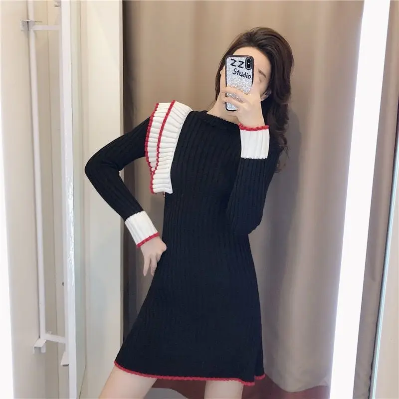 

Women's 2021 spring and autumn new hit color short fairy knit dress A-shaped stitching sweet base sweater skirt trend
