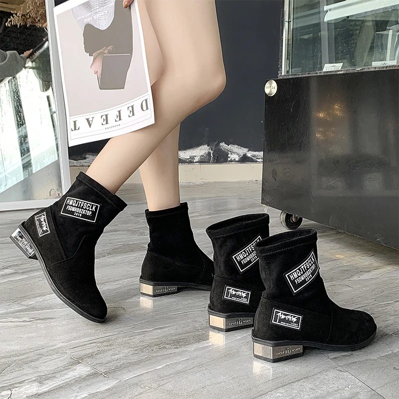 New Luxury Designer Vintage British Style Stretch Shoes Winter Women Letter Print Plus Velvet Keep Warm Thick Heels Martin Boots | Обувь