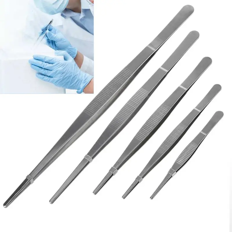 

5 Sizes Toothed Tweezers Barbecue Stainless Steel Long Food Tongs Straight Home Medical Tweezer Garden Kitchen BBQ Tool