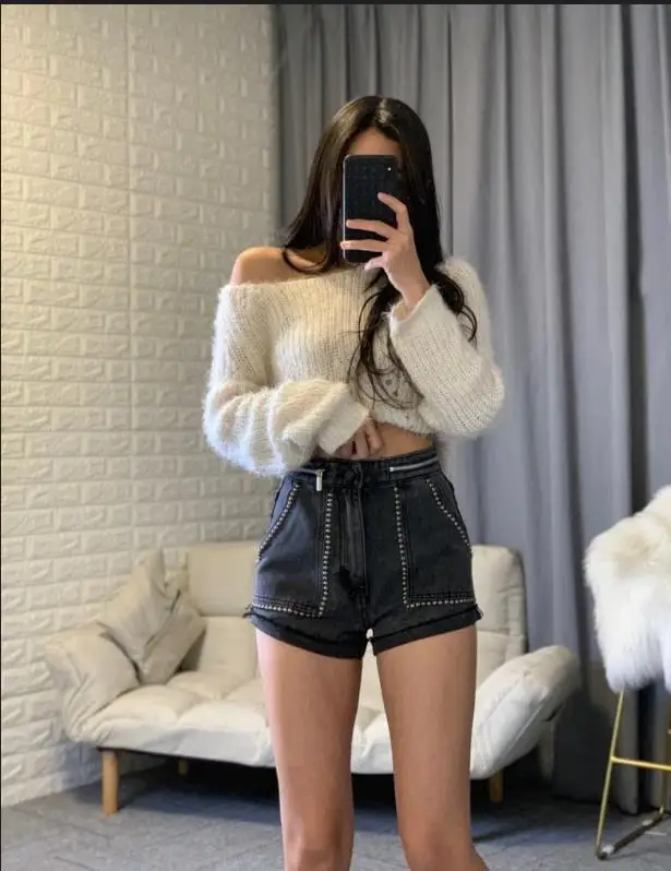 Женские прямые широкие шорты с заклепками Короткие свободные неэластичные из