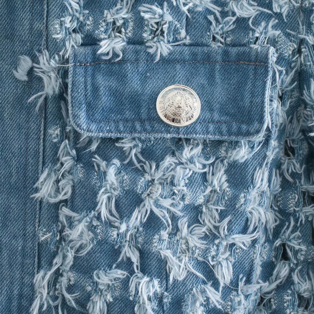 

2021 spring new round neck button flap multi-pocket washed brushed hole denim jacket loose tassel hollow long-sleeved top