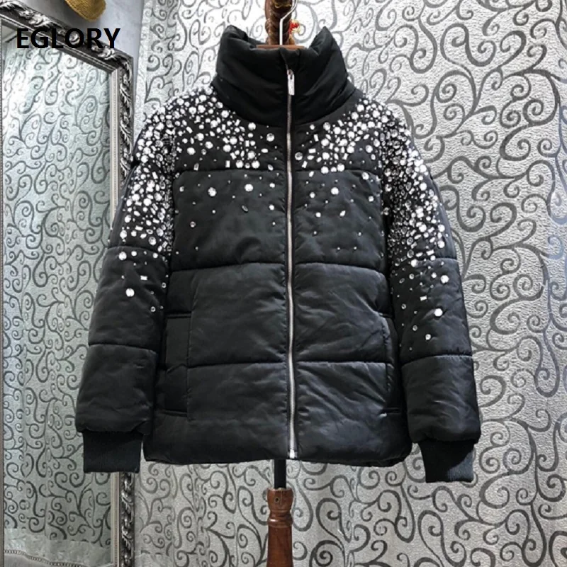 

Размера плюс парка на пуху куртки 2020 зима для женщин с высоким, плотно облегающим шею воротником; Со стразами; С бисером пуховик на утином пу...