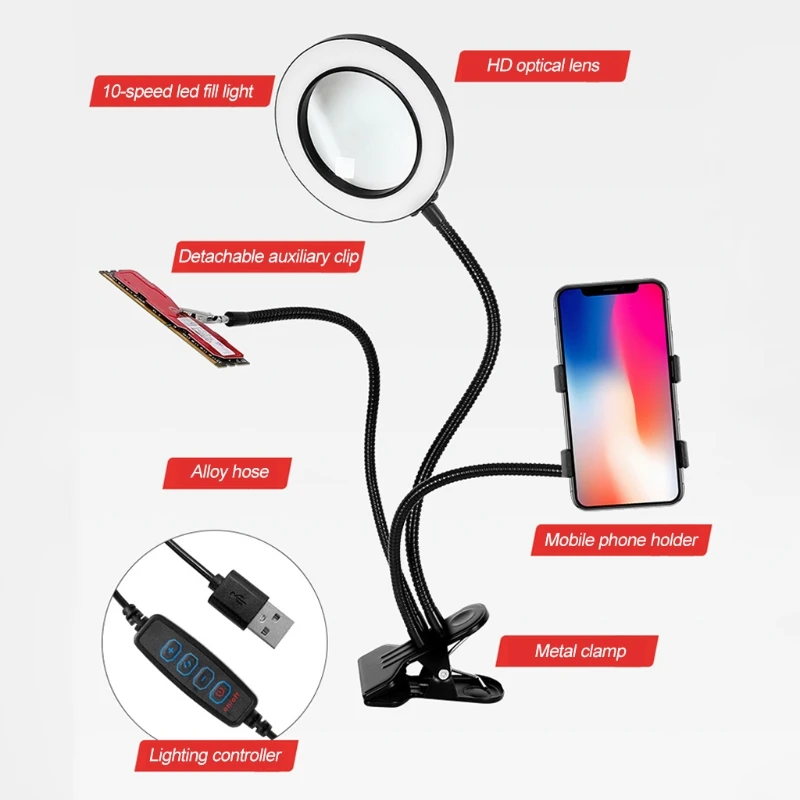 Светодиодная увеличительная лампа с зажимом 3 режима работы 10 светодиодный одов