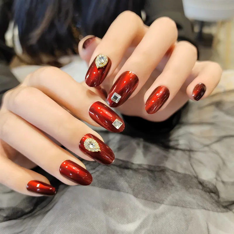 

24pcs Electroplated Burgundy Fake Nails Rhinestone Decoration Wedding Design Press On Nail Tips Mature Sexy Lady Manicure