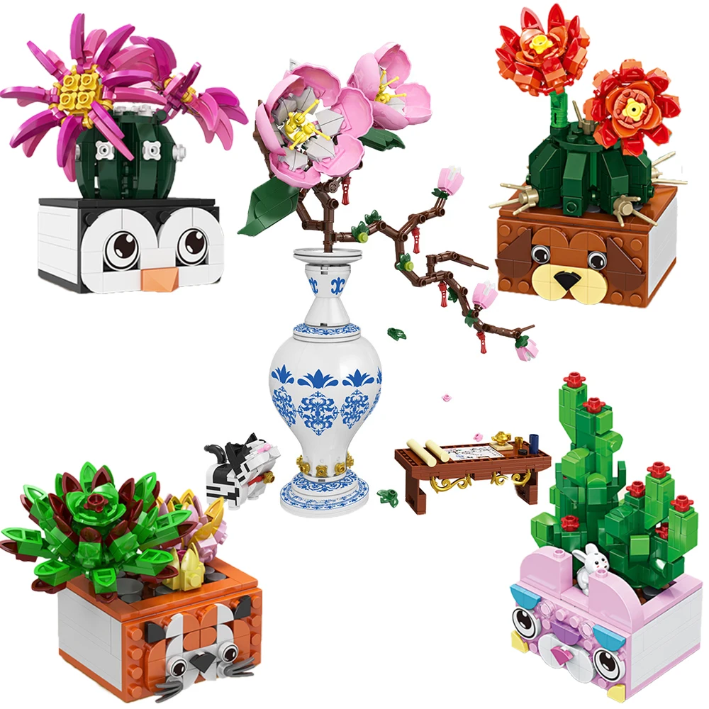 

New DIY Artificial Flower Succulent Plants Bonsai Model Bricks MOC Home Decoration Building Blocks Girls Toys for Kids Gifts