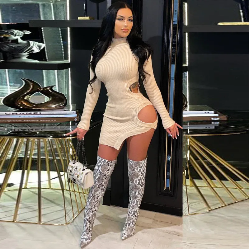 

Sexy Bodycon Hollow Out Dress Women Long Sleeve Turtleneck Wrap Hip Dresses Female Outfits Streetwear Dress Vestidos Robes 2022