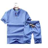 2019 t shirt suit fashion suit men summer linen short set men brand tshirt men breathable casual beach set