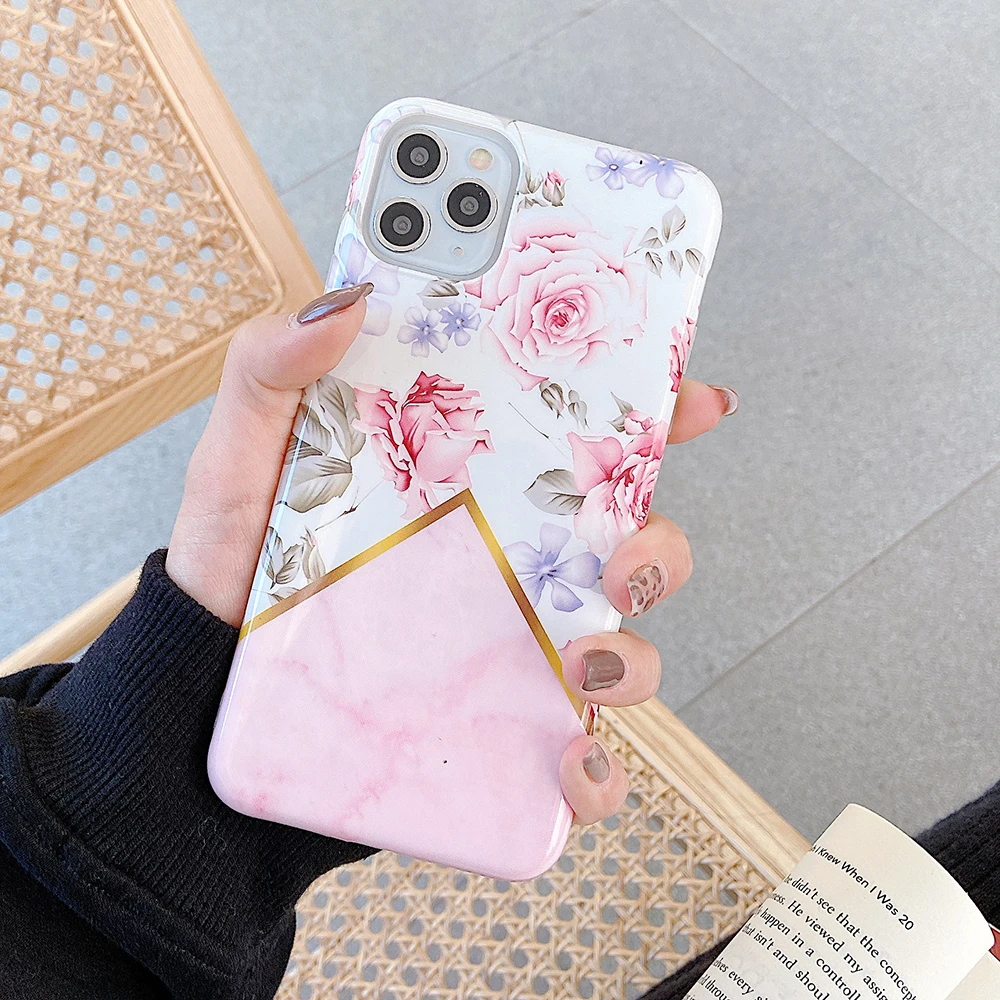 Чехол для телефона с геометрическим мрамором и розовыми цветами iPhone 11 Pro Max XR X XS 7 8