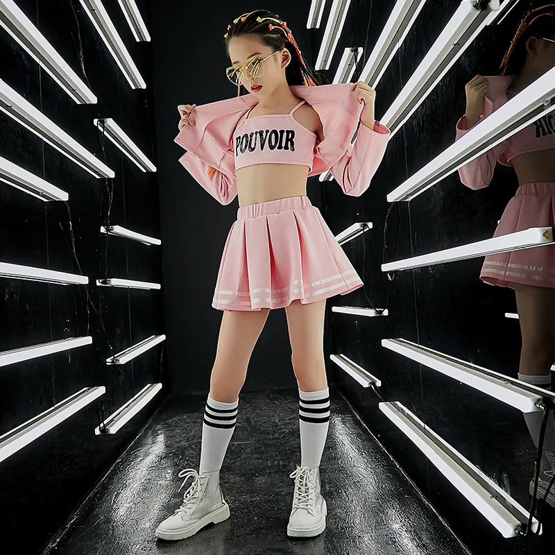 Новинка костюмы для джазовых танцев девочек розовый укороченный топ юбка