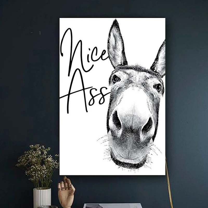 

Vintage Donkey Nice Ass Bathroom Print Funny Sign Decor Canvas Painting Poster Black White Butt Wall Art Picture for Living Room