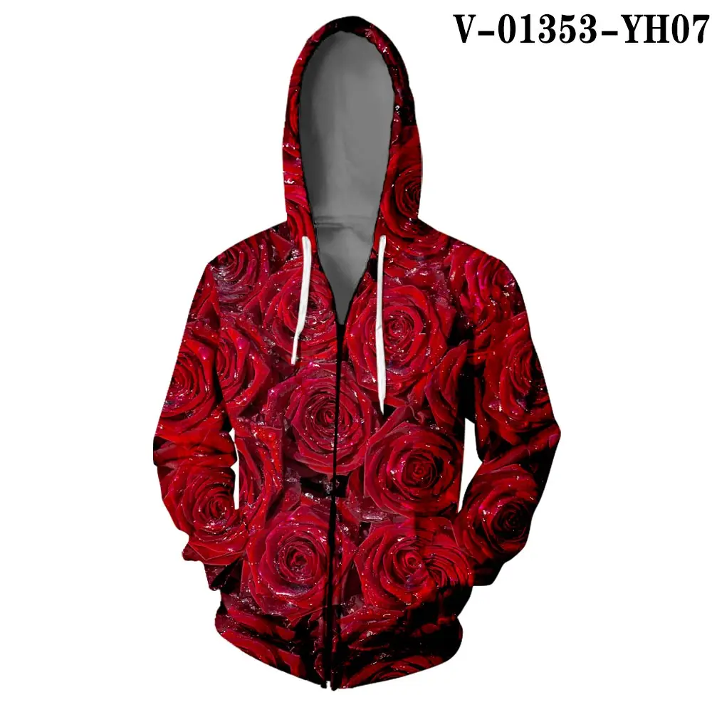 V01353 WAMNI толстовка на молнии с принтом розы 3D Harajuku уличная Толстовка Цветочная Куртка Свободная верхняя одежда толстовка с розой на молнии - Цвет: V01353