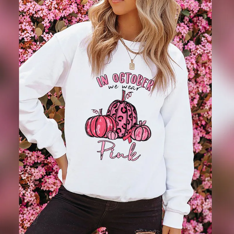 

Pink Pumpkin Leopard Print Sweatshirt Fall 2021 Women Autumn Letters Pink Tops Long Sleeve Pumpkin Women Hoodies Korean