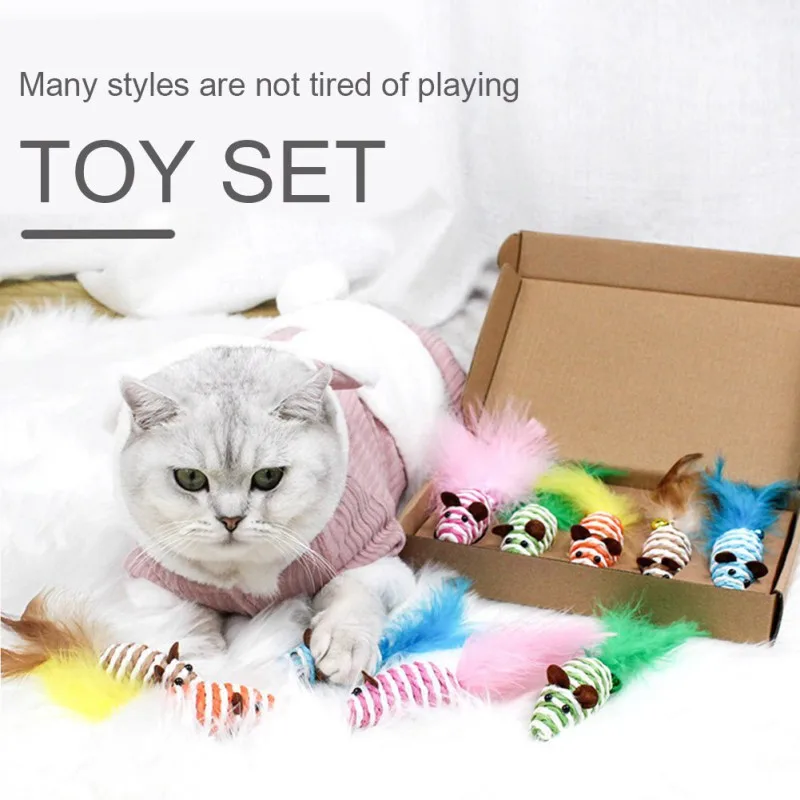 

5 Style/1 Set Pet Supplies Cat Toy Set Funny Cat Stick Feather Bell Ball Sisal Little Mouse Pet Toy Cat Toys Random Colors