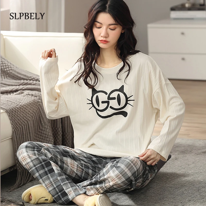 

SLPBELY Pajamas Sets Sleepwear For Women Lovely Cartoon Plaid Long Sleeve Home Wear Nighty Casual Mujer Pijama Nightwear Pyjamas