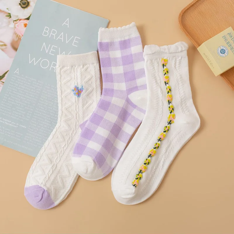 

3 Pairs Women Socks Set Mesh Breathable Cotton Purple Japanese Style Small Flower Print Plaid Soft Girl Jk Lolita Puff Mouth