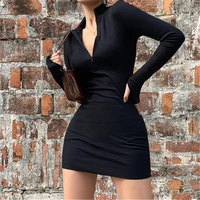 women lady v neck mini dress y2k solid dresses waist thin temperament long sleeve black elegant cotton side split ladies basic
