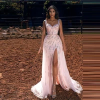 pink elegant sexy simple evening dress applique spaghetti strap floor length with train high split arabic dubai prom dress