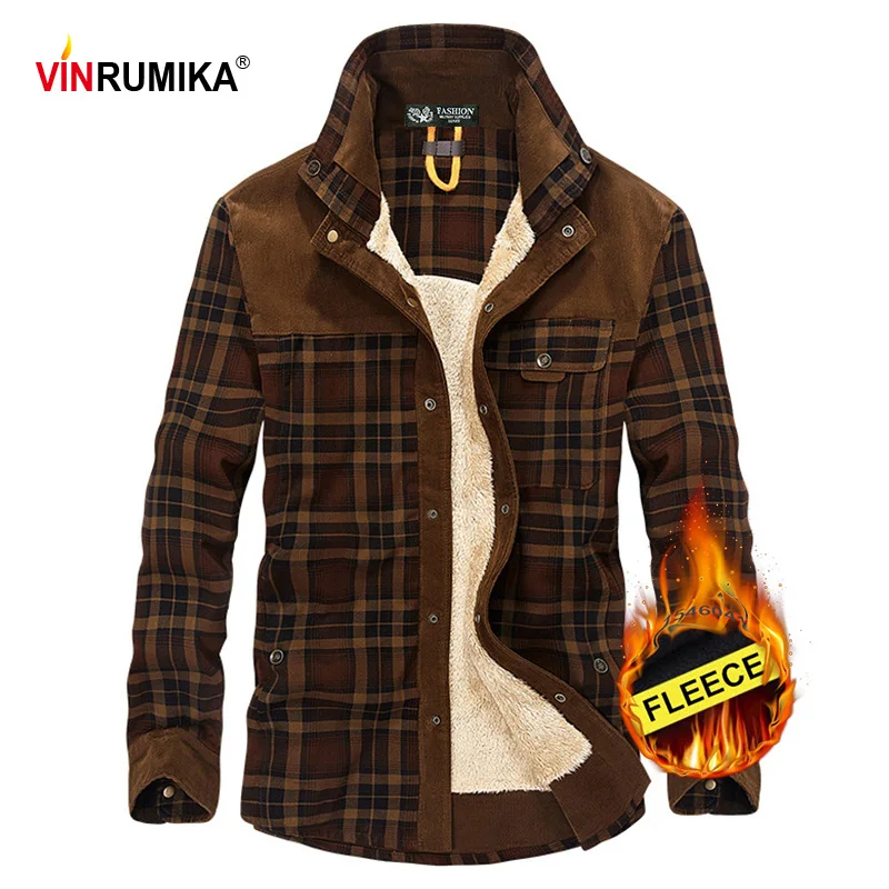 Мужская теплая рубашка в клетку Повседневная из 2020 хлопка с длинным рукавом и