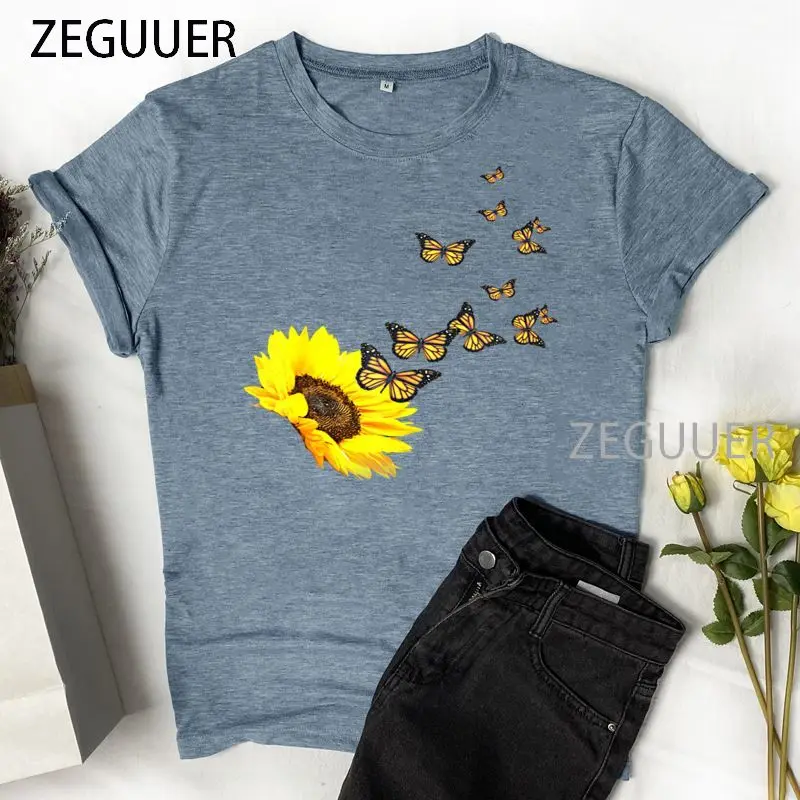 

Kawaii Sunflower Butterfly Dreams Women's T-shirts Summer Clothes For Lady Short Sleeve Round Neck Harajuku Vintage Clothes 90s