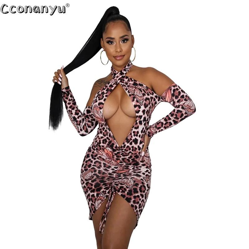 Дамы с лямкой на шее леопардовым принтом асимметричное женское платье длинными