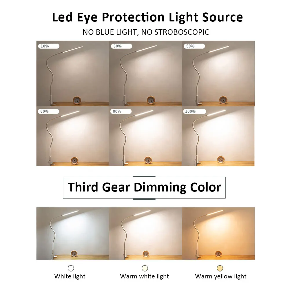 

Clip On Eye Caring Reading Home Bedroom Bedside 64pcs LED Adjustable Stepless Dimming Table Lamp Study Dormitory Office Bendable