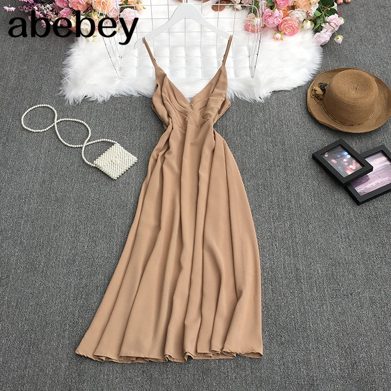 

2021 New Summer Temperament All-match V-neck sleeveless solid Dress ruched waist slim medium length Dress