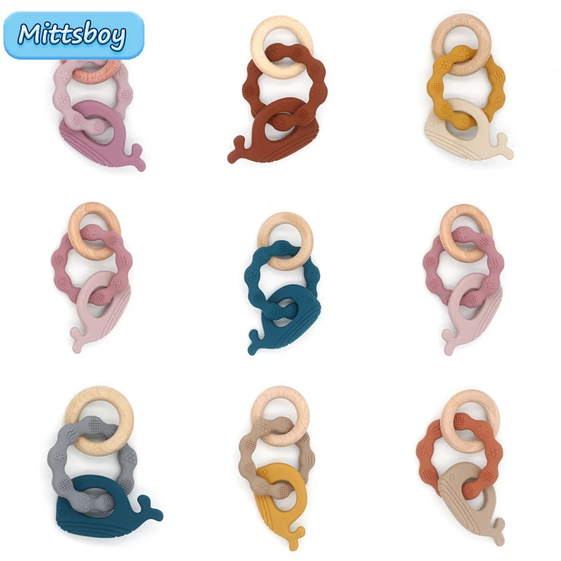 

Детский креативный Буковый Прорезыватель для зубов в виде животных, Кита, буковой силикагель, Буковые Соска-цепи пищевого класса, сертифици...