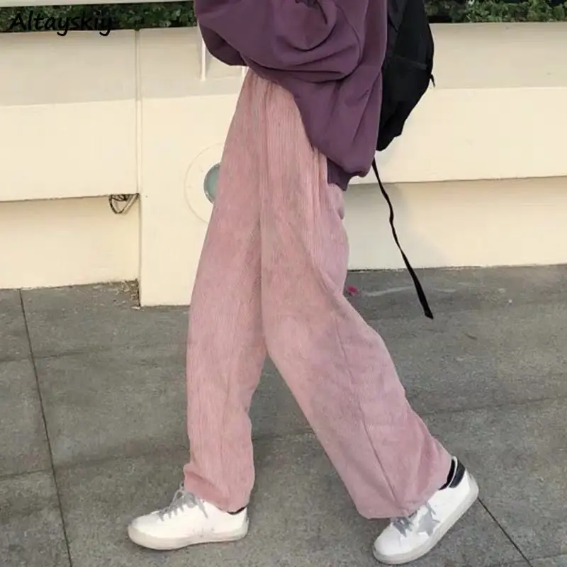 

Corduroy Solid Casual Pants Women Fashion High Waist Preppy Style Wide Leg Trousers Baggy Tracksuits Streetwear Fitness Joggers