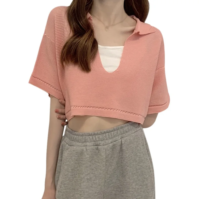 

Women's V Neck Loose T Shirt Summer Navel Exposed Short Sleeves Knitted Korean Style Tops Female Crop Top Ladies Shirt
