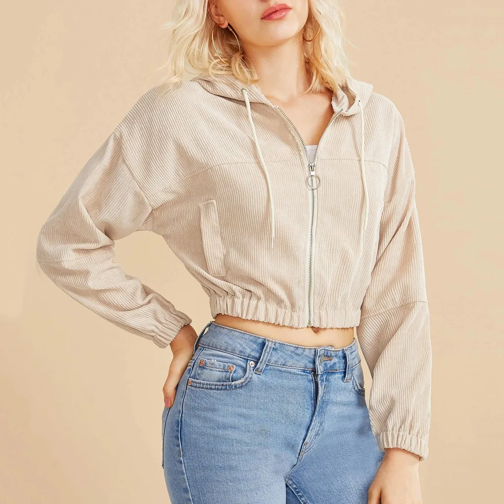 Short Hoodie Crop Top Women Casual Long Sleeve Hooded Sweatshirt Harajuku Corduroy Zip-Up Pocket Shirt And Blouse#0909 | Женская одежда