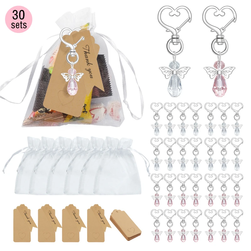 

30Set Nordic Key Buckle Angel Keychain Organza Bags Baby Baptism Souvenir Wedding Favours Pendant Christmas Gift for Guests